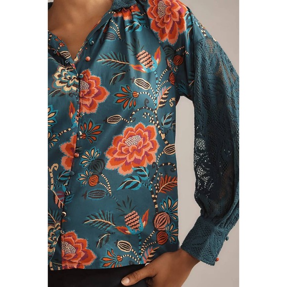 FARM Rio Tops - Farm Rio Anthropologie Floral Blouse Lrg Teal Lace Sleeve Boho Romantic Peasant